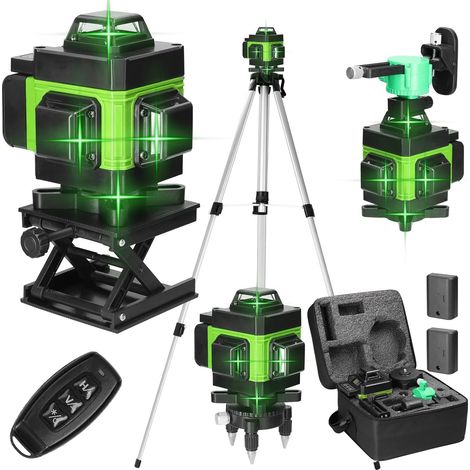 x 360° 4D-Laser-Wasserwaage, 16 Linien, selbstausgleichende Wasserwaage, grün, rotierendes, horizontales, vertikales, selbstnivellierendes Werkzeug, IP54, 2 x wiederaufladbare Batterien, mit Stativ (1/4)