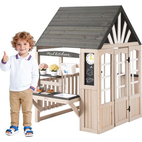 Cuisine pour enfants - Cabane de jardin - Robinet fonctionnel - Bois épicéa durable - Accessoires inclus