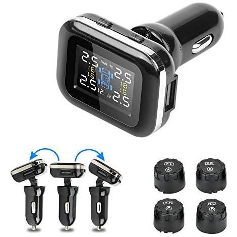 TPMS Tire Pressure Monitoring System Cigarette Lighter Power Adjustable Display Angle with 4 Sensors Real Time Display Temperature and Pressure (0-5 Bar) (1/5)