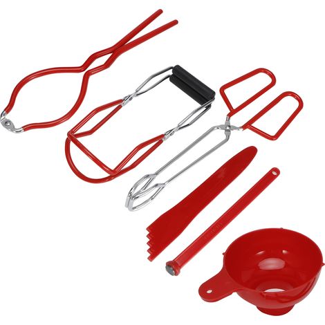 6-teiliges Einmachset: Rutschfeste Lebensmittelzange, Glasheber, Glasschlüssel, Deckelheber, Trichter, Messbecher (rot) (1/5)