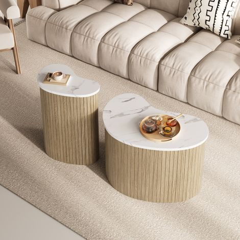 DESMIU Tables Basses Gigognes Arrondies avec 2 Tables et Plateau à Motif Marbre et Bois, Style Moderne, en MDF, Naturel Blanc (1/5)