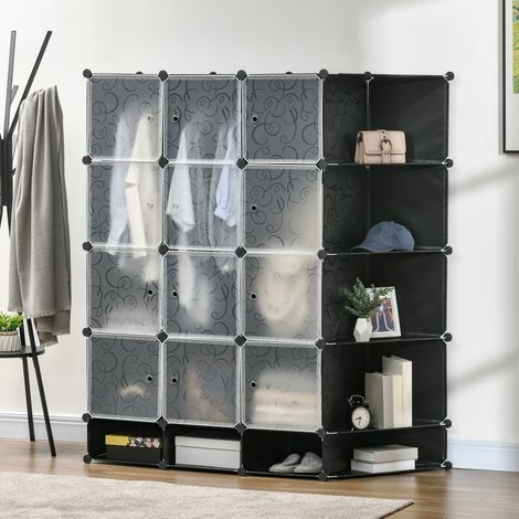 Armario Modular Organizador Portátil con 16 Compartimentos y 2 Barras de Colgar Ropa Negro y Blanco (1/5)