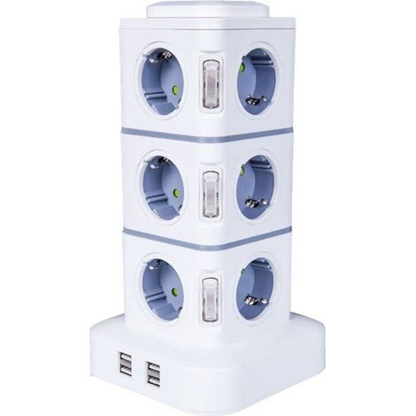Multiprise Tour - 12 Prises Électriques - 4 Ports USB - Protection Contre Les Surtensions - 2500W / 10A - Câble Prolongateur 3 M (1/5)