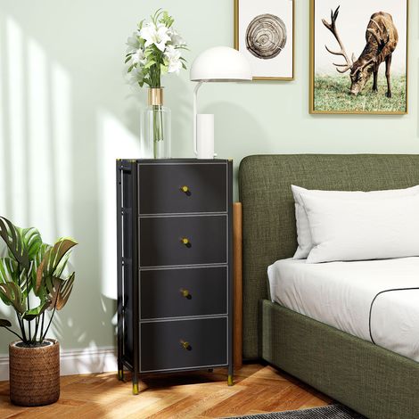 Commode en tissu avec 4 tiroirs pliants, façades en PU et structure en acier, idéale pour la chambre ou le salon, noire.