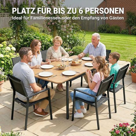 Table de terrasse 140x80 cm pour 6 convives, table repas extérieur anti-rouille avec plan en composite bois-plastique, pieds ajustables, couleur teck (1/4)