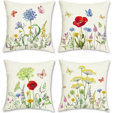Set of 4, 45 x 45 cm, Garden Flower and Butterfly Cushion Covers, Polyester Linen Decorative Pillowcases for Sofas, Beds, Chairs, Living Rooms, Home, Outdoor Decor (1/5)