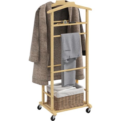 Portant à vêtements sur roulettes, porte-manteaux en bambou, double cintre intégré, 47 x 33,7 x 105,5 cm, bois naturel