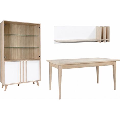 Comedor completo MALMO con mesa extensible, vitrina LED y estante de pared - Roble claro y blanco (1/5)
