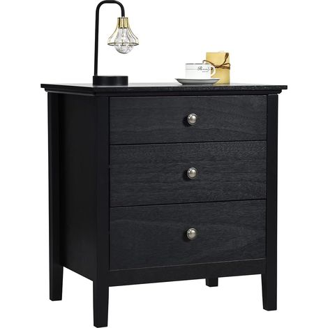 COSTWAY Mesita de Noche con 3 Cajones, Mesa Auxiliar de Madera con Amplio Espacio, Organizador Cosméticos 60 x 45 x 66 cm (Negro) (1/5)