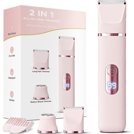 Rasoir électrique indolore pour femme 2 en 1, étanche IPX7, sans fil, avec charge USB pour aisselles, jambes, bras, corps, visage (rose) (1/5)