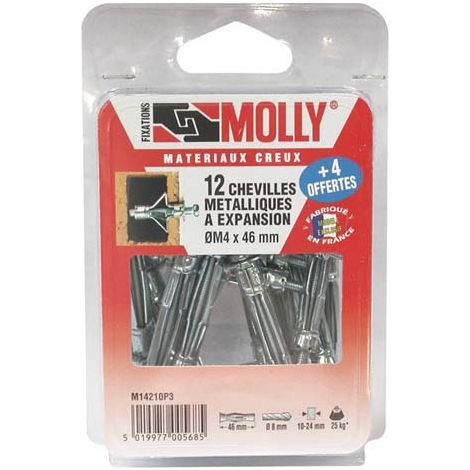 Chevilles métalliques à expansion 16 pièces – Pour cloison sèche et brique creuse – Dimensions 4 x 46 mm – Fixation solide jusqu'à 45 mm d'épaisseur – Molly