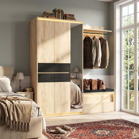 Kleiderschrank 200x47x200 cm, Flurgarderoben-Set mit Spiegel, 3 LED-Leuchten, Sitzbank und 4 Schubladen, MDF, Eiche (1/5)