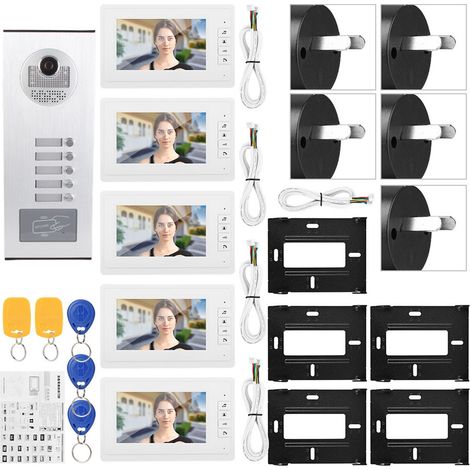 Interphone vidéo 7 pouces HD IR 100-240V, 1 caméra + 5 moniteurs, sonnette avec prise AU. (1/5)