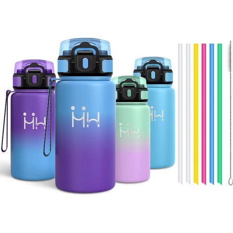 Gourde Inox 500ml, Gourde Isotherme avec six Pailles et 1 Brosse à épong, Étanche et sans BPA, Double Paroi Isolante, Bouteille D'eau - Bleu ciel (1/5)