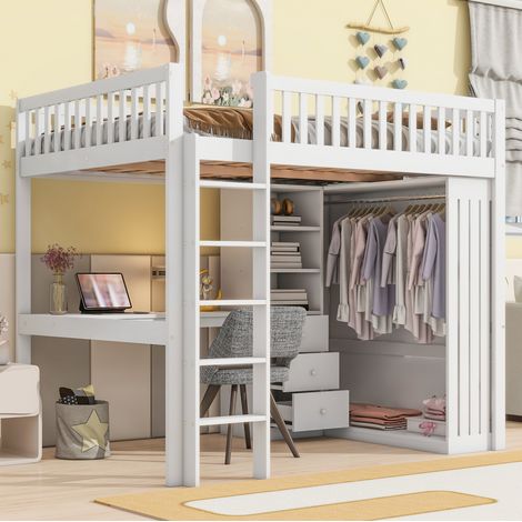 Hochbett Kiefernholz/MDF Weiß 140x200 cm mit Schreibtisch, Kleiderschrank, 3 Schubladen und Treppe (1/5)