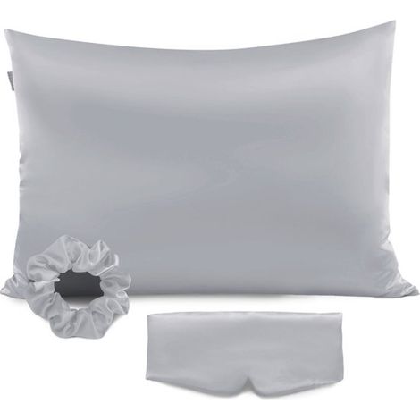 Taie d'oreiller en soie, ensemble 3 pièces, finition satinée, taie d'oreiller en soie glacée à motif uni offerte, 51 x 91 cm (taie d'oreiller + masque de sommeil + bandeau) - Gris argenté (1/2)