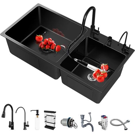 Double Noir Évier de Cuisine 2 Bacs Inox un Distributeur de savon Avec robinet extractible et robinet purificateur d'eau, accessoires pour évier de cuisine (Noir, 78 43CM) (1/5)