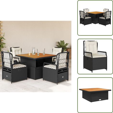 The Living Store Ensemble à manger de jardin coussins 5pcs Noir Résine tressée - Ensemble Salon De Jardin - Mobilier De Jardin - Table Extensible - Chaises Pliantes - Résine Tressée