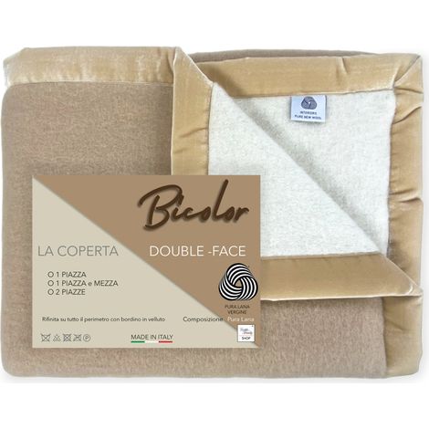 COPERTA BICOLOR in vera pura LANA vergine morbida e calda Beige 1 PIAZZA E MEZZA