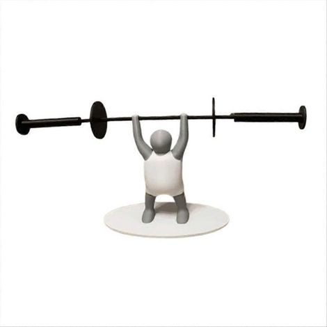 Porte-papier toilette haltérophile amusant petit modèle gris avec barre d'haltères noire, décoration originale pour salle de bain (1/5)
