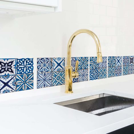Sticker carrelage adhésif décoratif autocollant, 15 cm X 15 cm, x6, style marocain, petit carrelage bleu Solola - Autocollants Carrelage x6 (1/2)