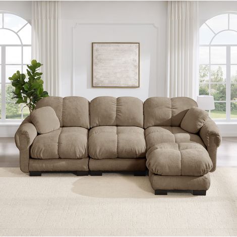Canapé d’angle 3 places marron en chenille avec ottomane mobile et coussins décoratifs (1/5)
