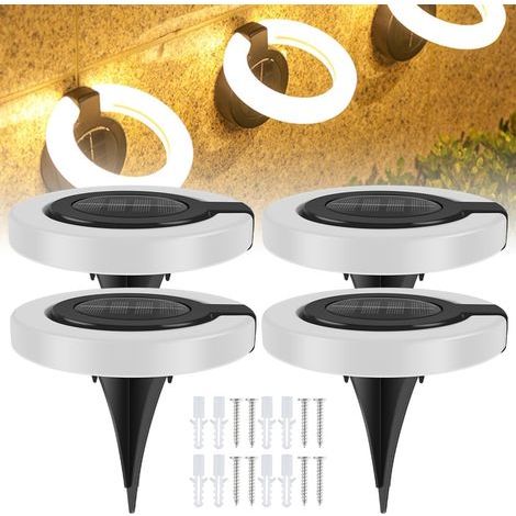 Lot de 4 lampes solaires sur pied avec tête orientable à 360°, étanches IP65, blanc chaud, pour terrasse, allée, jardin, pelouse ou patio. (1/5)
