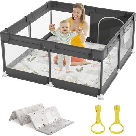 120x120cm Parc Bébé avec Tapis et Barrières, en Tissu Oxford, pour Appartement, Gris Foncé (1/5)