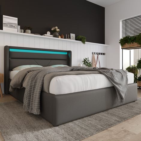 Cama con almacenaje hidráulica y tapizada con iluminación LED de colores, piel sintética, 300 kg - 140x200 cm, gris, colchón no incluido (1/5)