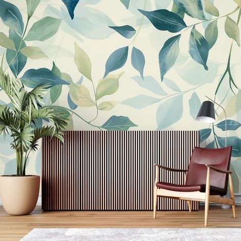 Papier Peint Feuillage - Feuilles Délicates Vert et Bleu - 150 x 250 cm (1/2)