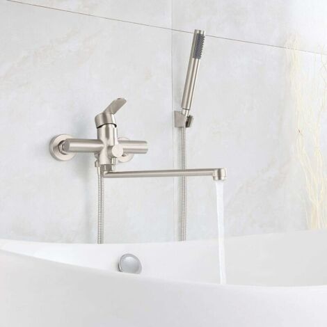QORVA-Robinet de baignoire mural en acier inoxydable 304 brossé – Douchette ronde – Bec orientable 350 mm – Poignée ergonomique (1/5)