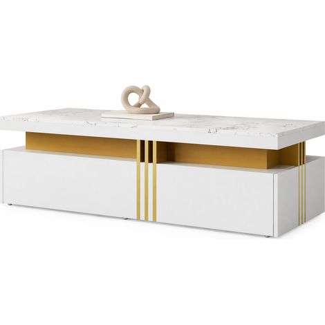 Set soggiorno bianco con tavolino e mobile TV, design moderno effetto marmo (1/5)