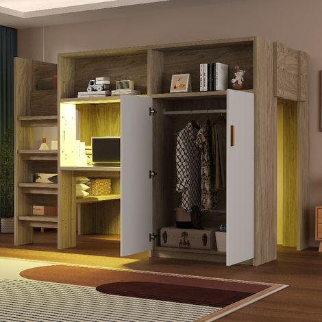 Multifunktionales Hochbett 90x200 cm mit Schreibtisch und Kleiderschrank, Jugendbett mit LED-Beleuchtung, Regal und viel Stauraum, Holzfarbe