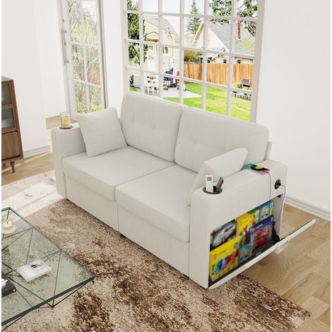 2-Sitzer Sofa 172x75x82 cm Beige Chenille mit Stauraumschubladen, USB-Anschlüssen und Getränkehaltern (1/5)