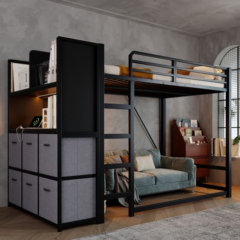 Pour studio et chambre ado, optimisez l'espace avec ce lit mezzanine 120x200 en métal à rangements, LED et prises USB (1/5)