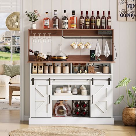 Buffet café 120x40x130 cm en MDF blanc et naturel, prises USB, rangement pour cuisine – MEUBLIV (1/5)