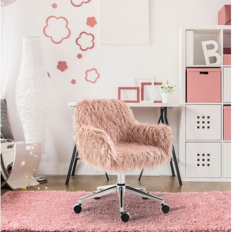 Chaise de bureau hauteur réglable avec accoudoirs, fausse fourrure rose et piètement argenté DESVIAE (1/5)