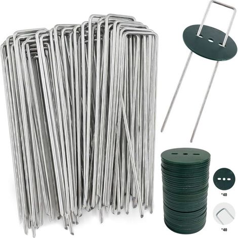 40 Piquets de Jardin avec Rondelles, Piquets de Fixation en Acier Galvanisé pour Baches, Agraphes de Fixation de Toile de paillage - 150 MM de Long, 25 MM de Large, 2.8 MM de Diamètre