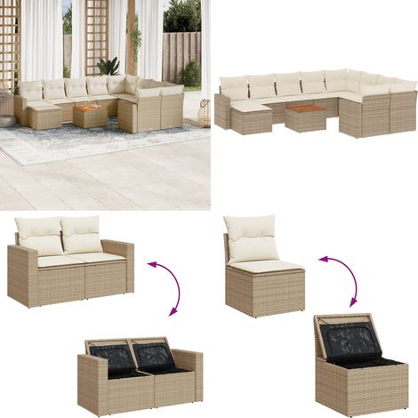 11-tlg. Garten-Sofagarnitur mit Kissen Beige Poly Rattan - Gartenmöbel Set - Outdoor Möbel - Rattan Gartenmöbel - Lounge Set - Esstisch Set - Home & Living (1/5)