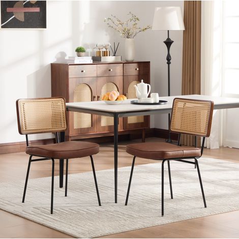 REDOM - Set di 2 sedie da pranzo, senza braccioli, schienale effetto rattan, seduta in chenille, piedi in metallo regolabili marrone (1/5)