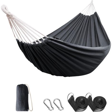 Hamac d'extérieur en coton extensible 210 x 150 cm, supportant jusqu'à 200 kg, portable avec sac de transport, idéal pour terrasses et jardins. (1/3)