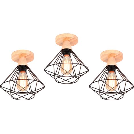 3PCS Diamond Shape Ceiling Light Industriel in Metal and Wood Modern Design Lamp for Escalier Corridor Entrance Black (1/5)