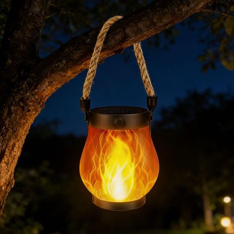 Solarlaterne für den Außenbereich mit Flackereffekt, hängende Solarlaterne aus Hanfseil, 2-in-1-Funktion: Solarladung und USB-Aufladung, Flammen-Solarlaterne für die Terrasse (1/5)