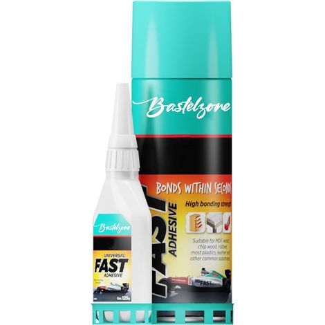 Superglue avec activateur en spray. Super colle avec accélérateur d'adhésif. Adhésif professionnel tout usage à haute force d'adhérence (50gr de colle avec 200ml de spray) (1/5)