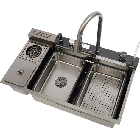 Évier de cuisine de luxe, avec planche de découpe, robinet, panier de drain, Gris, cascade en acier inoxydable, évier de cuisine à une cuve pour restaurants commerciaux, salles de service, garages