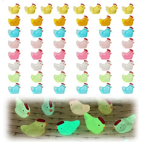 Lot de 50 mini figurines de poulet lumineuses en résine - 8 couleurs - Petites poules miniatures dans l'obscurité - Pour maison de poupée, bricolage, maison, fêtes (1/5)