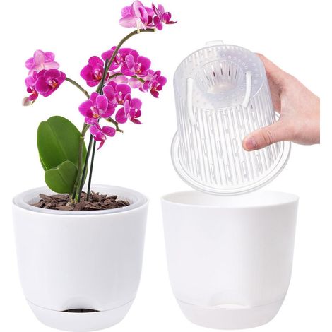 Lot de 2 pots orchidée 14,7 cm auto-arrosant double paroi blanc (1/5)