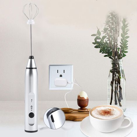 Mixeur électrique portable rechargeable par USB, machine à lait, cafetière, mousseur à lait avec trois vitesses réglables, argent. (1/5)