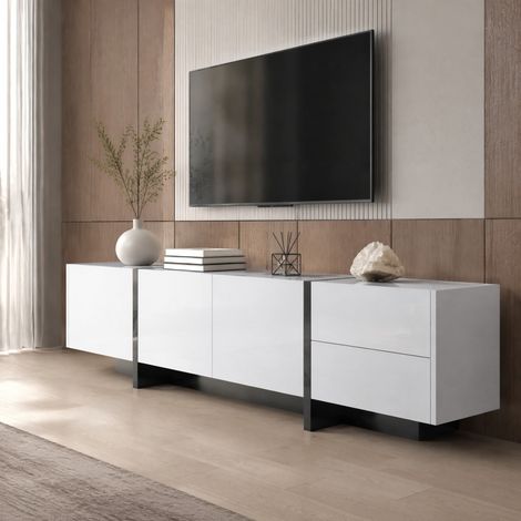 TV-Schrank, lowboard Panel mit farbblockierten Beinen in Hochglanz-Weiß und Schwarz, mit Türen und Schubladen, Türen mit Regalen. Einfaches Liniendesign. (1/5)