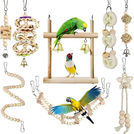 Jouets À Mâcher en Bois Naturel pour Perroquet, Clochette À Suspendre, Échelles Escalade Perché pour Oiseaux Balancoire pour Cage À Oiseaux, Convient pour Les Petites Perruches (8PCS) (1/5)
